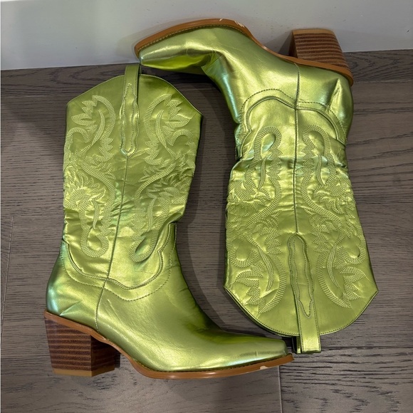 Green Metallic Cowgirl Western Cowboy Chunky Heeled Boots Size 8 - Picture 12 of 12